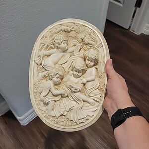 VTG Cherub Angels With Rabbit & Squirrels Oval Plaster Relief Wall Plaque